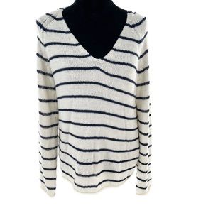 H&M Basics V-Neck Loose Knit Raglan Sleeve Sweater White/Blue Stripe Size Small
